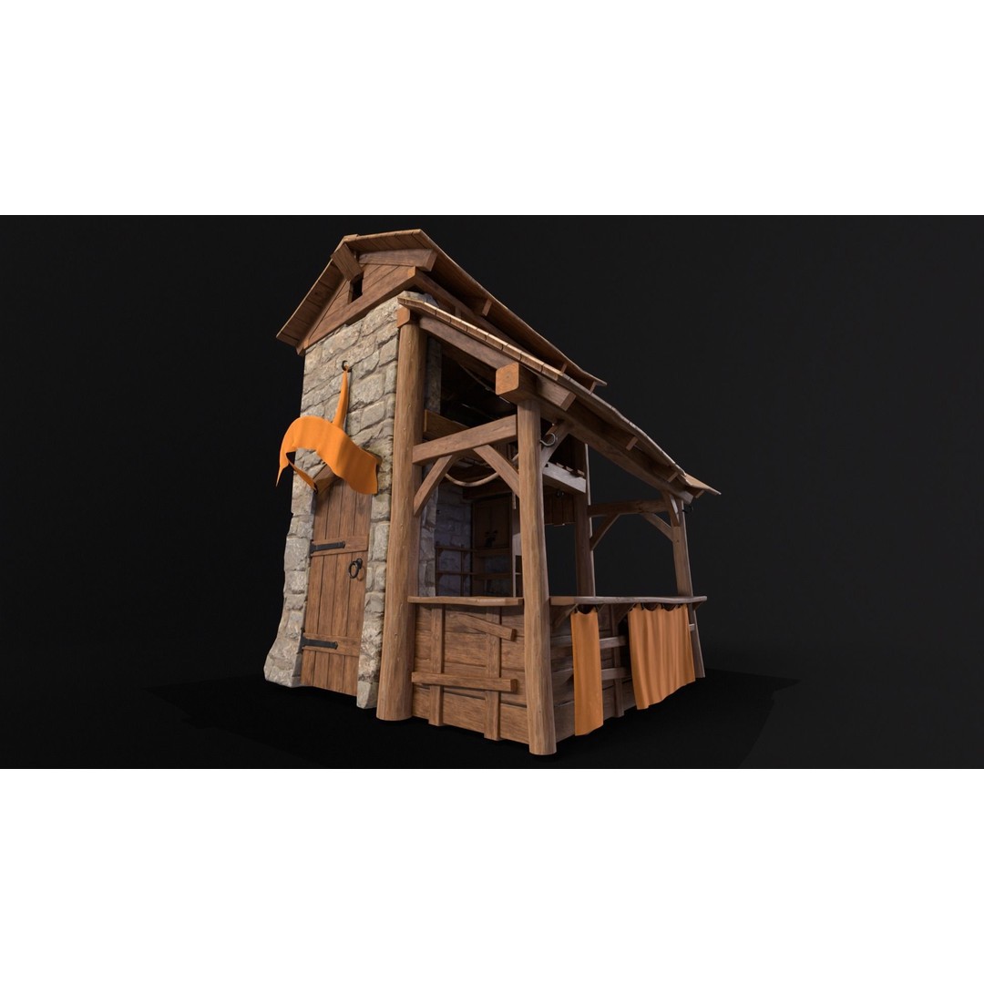 Medieval Market Stall 3D Model – Low Poly PBR Asset, FBX & OBJ - View 3