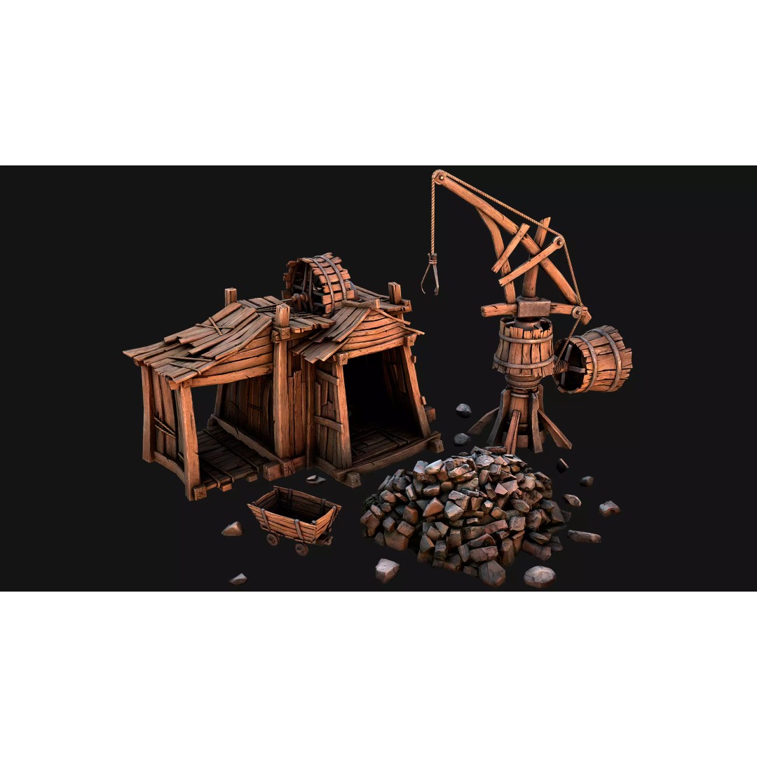 Medieval Wooden Mine 3D Model – Low Poly Game Asset, FBX, PBR - View 2