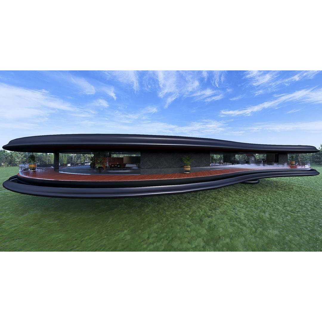 Futuristic House 3D Model – Modern Black & Wood Design, FBX, OBJ - View 3