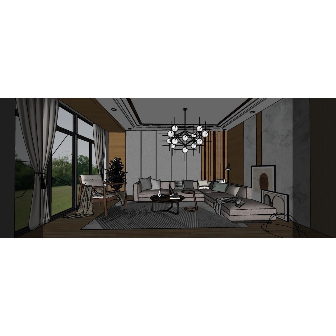 Living Space 3D Model – Interior Design with V-Ray Ready Textures - View 4