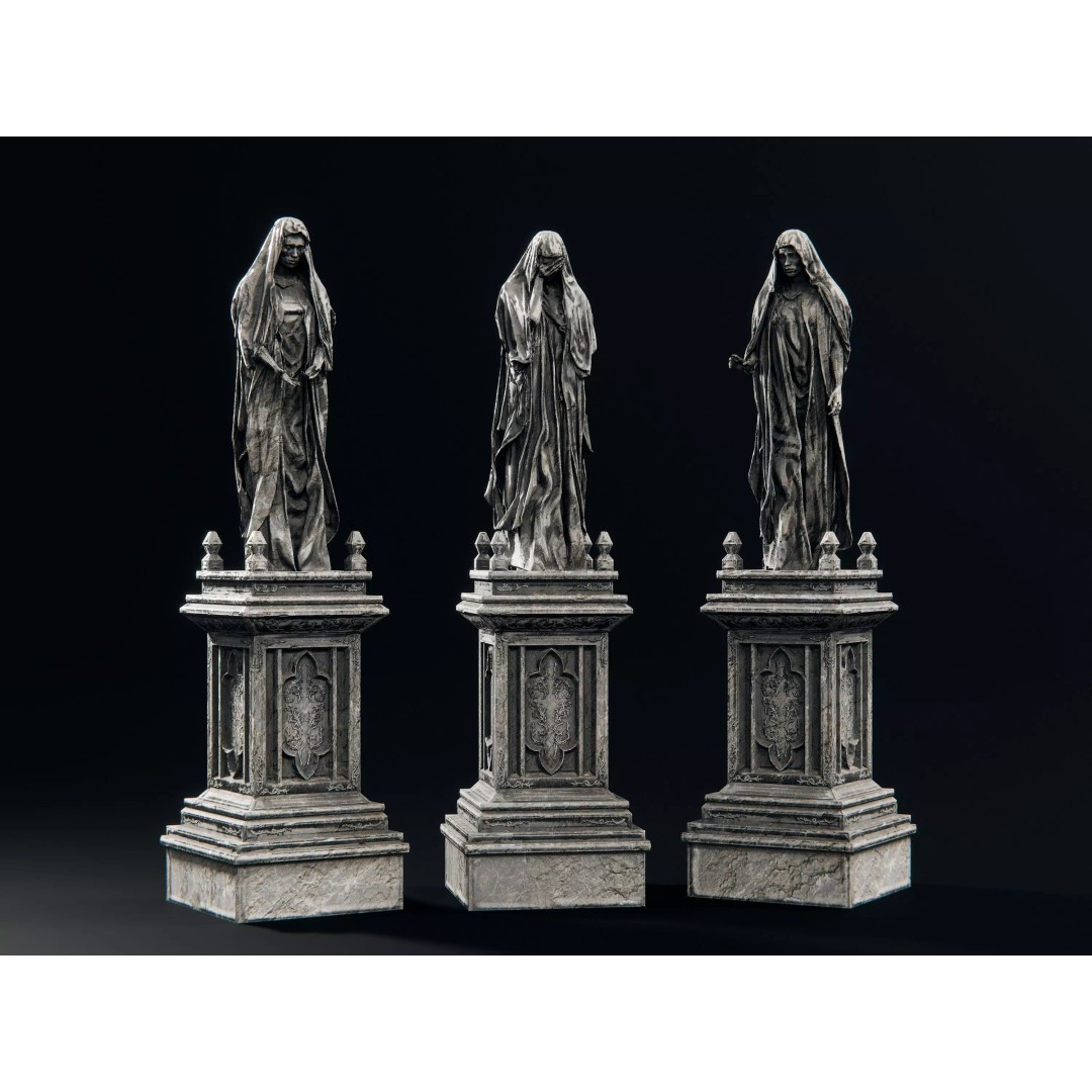Stone Statues 3D Model – Low Poly Gothic Decoration, FBX - View 3