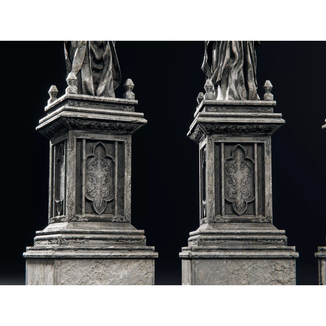 Stone Statues 3D Model – Low Poly Gothic Decoration, FBX - View 4