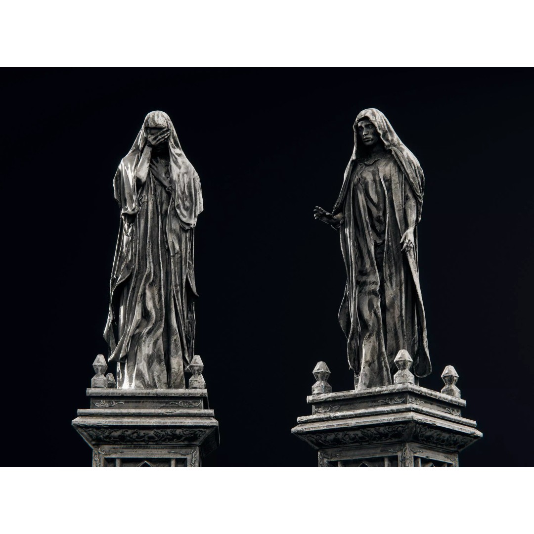 Stone Statues 3D Model – Low Poly Gothic Decoration, FBX - View 5