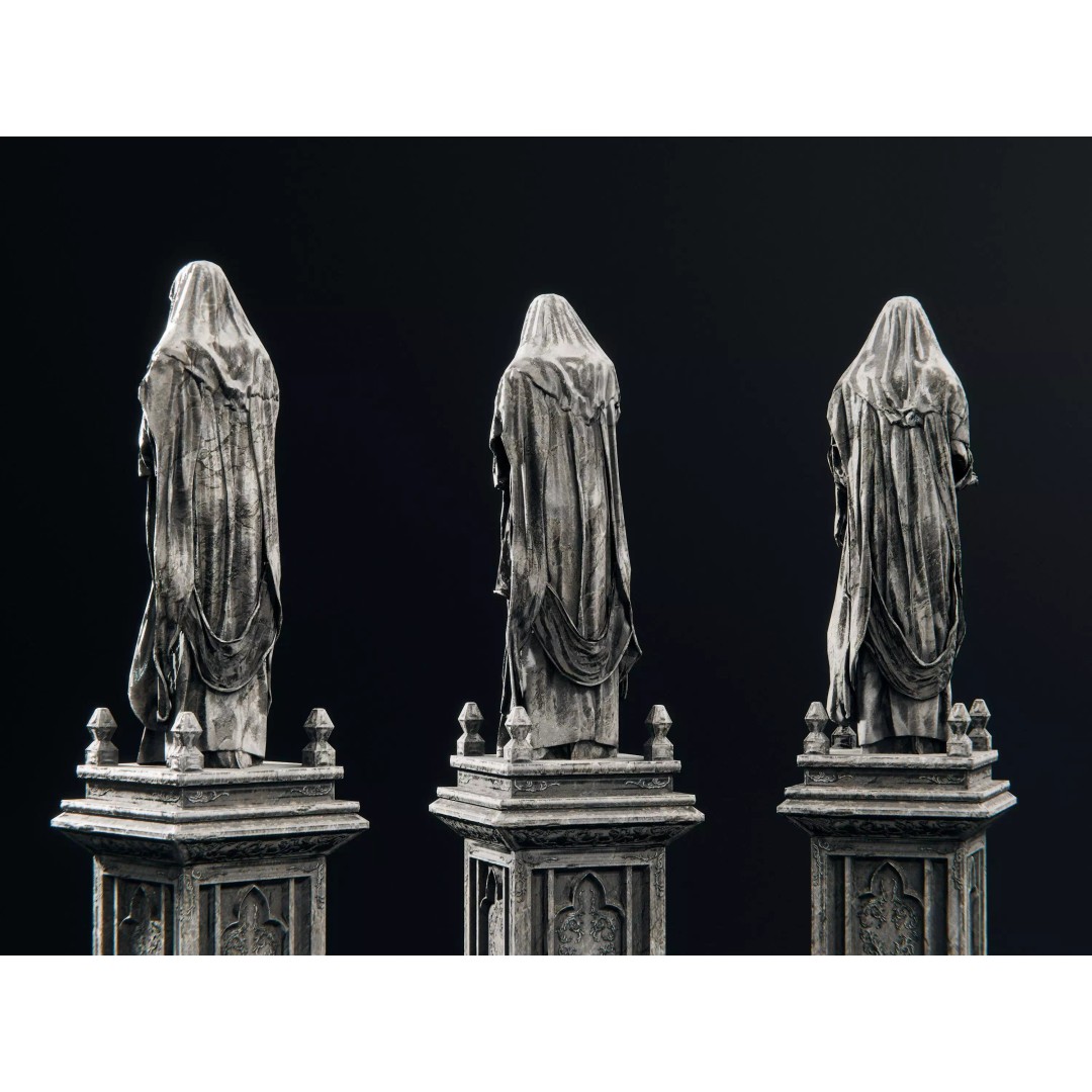Stone Statues 3D Model – Low Poly Gothic Decoration, FBX - View 6