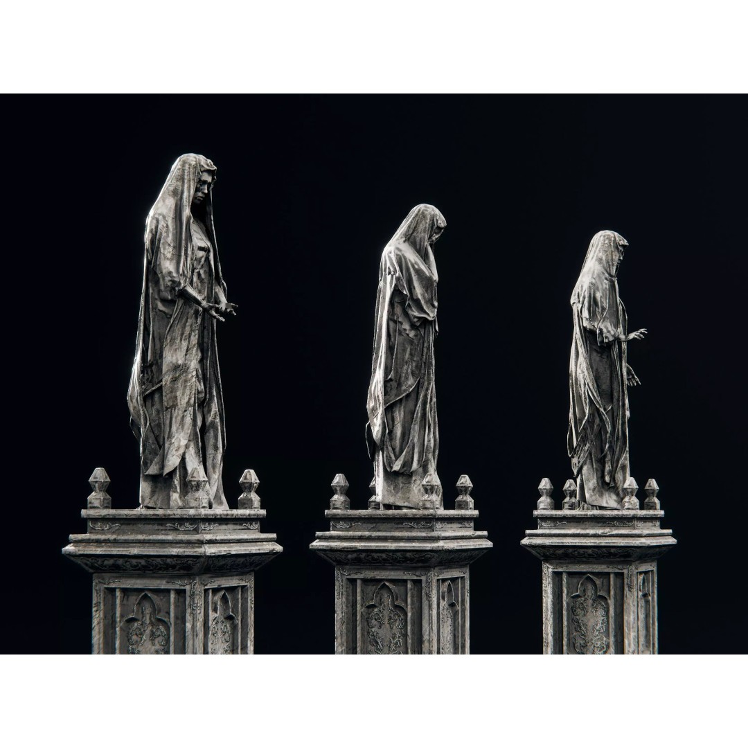 Stone Statues 3D Model – Low Poly Gothic Decoration, FBX - View 8