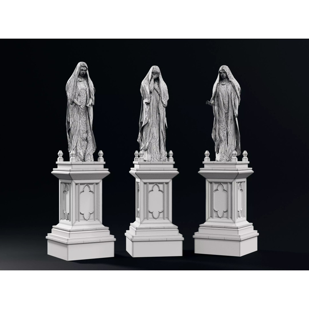 Stone Statues 3D Model – Low Poly Gothic Decoration, FBX - View 9