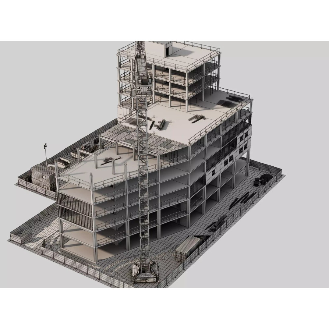 Multi-Story Building 3D Model – Low Poly Construction Asset, FBX - View 10