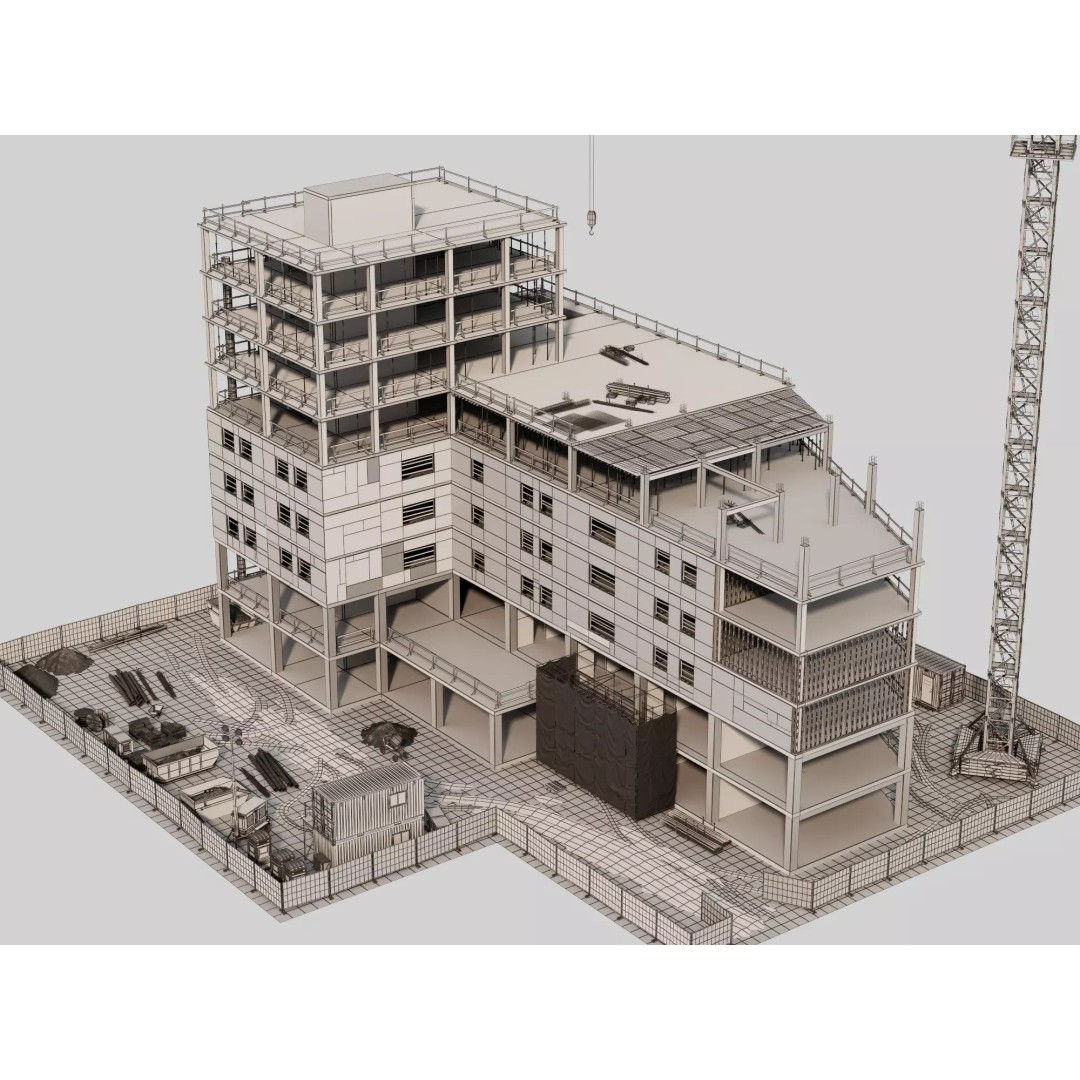 Multi-Story Building 3D Model – Low Poly Construction Asset, FBX - View 12