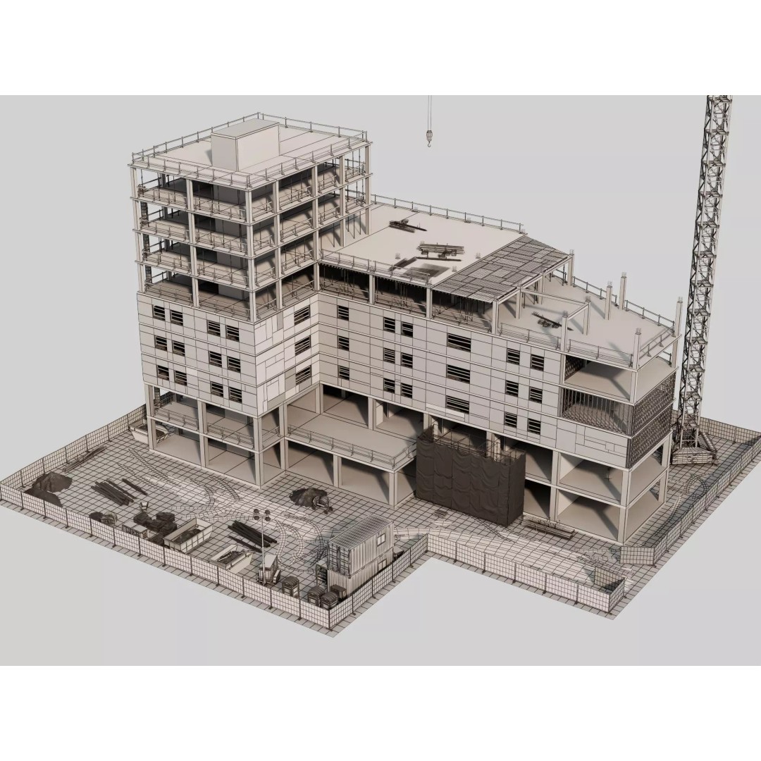 Multi-Story Building 3D Model – Low Poly Construction Asset, FBX - View 16