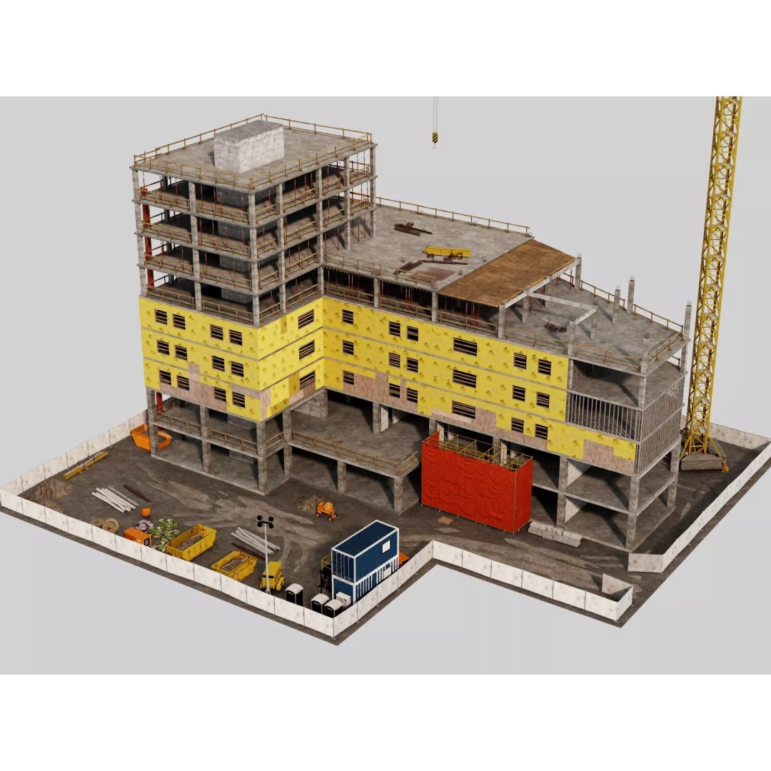 Multi-Story Building 3D Model – Low Poly Construction Asset, FBX - View 4