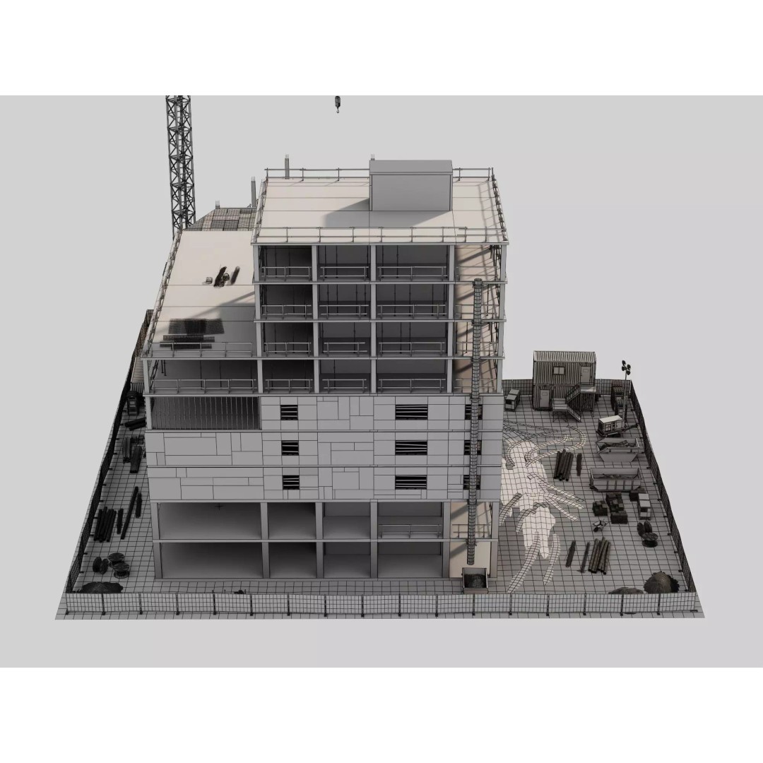 Multi-Story Building 3D Model – Low Poly Construction Asset, FBX - View 7
