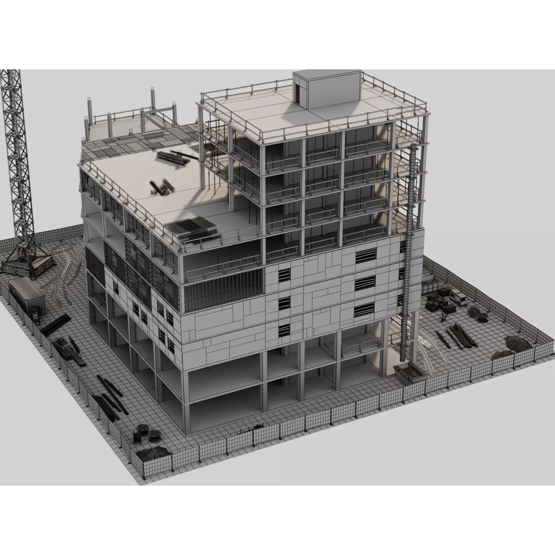 Multi-Story Building 3D Model – Low Poly Construction Asset, FBX - View 8