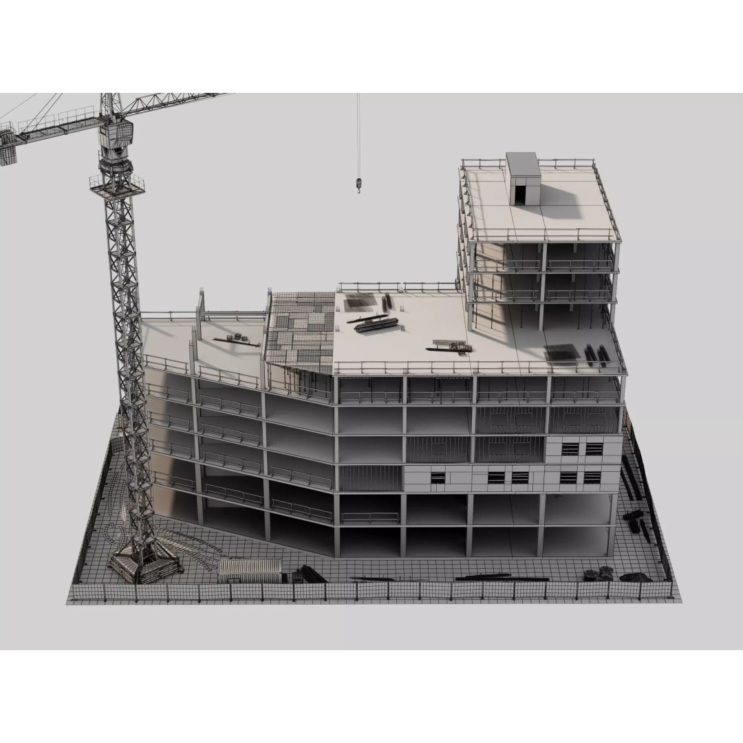 Multi-Story Building 3D Model – Low Poly Construction Asset, FBX - View 9