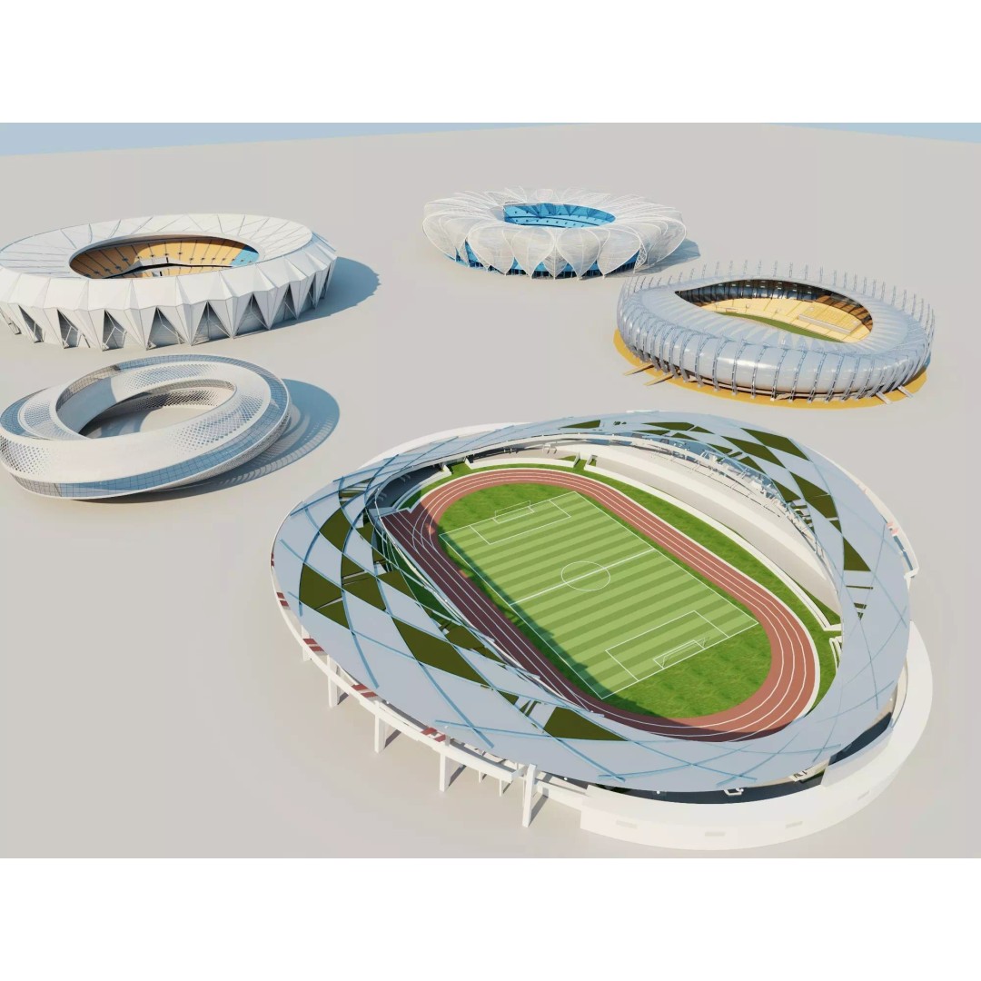Modern Soccer Stadium 3D Model – Unique Futuristic Roof Designs, FBX, OBJ - View 3