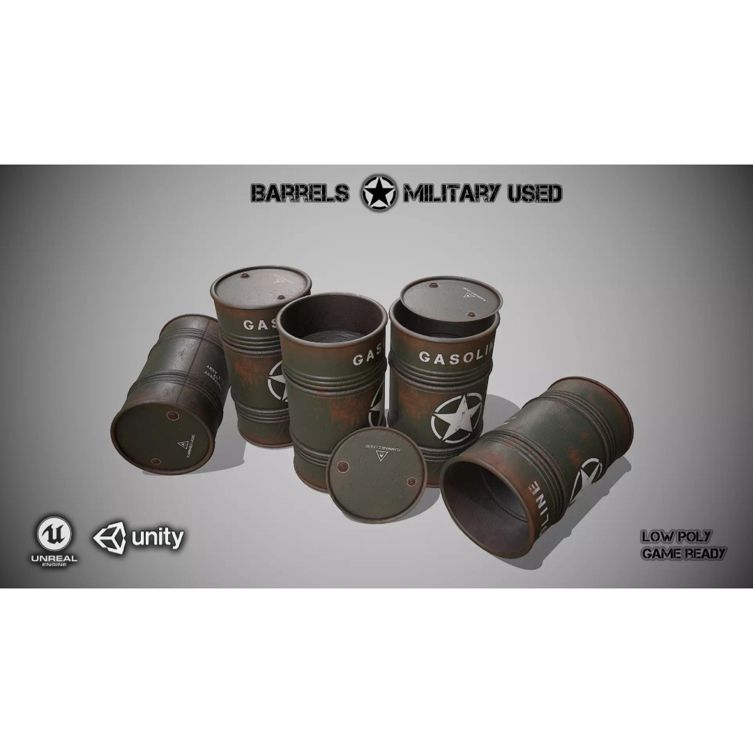 Military Barrels 3D Model – Low Poly Game Asset, FBX, PBR Textures - View 2
