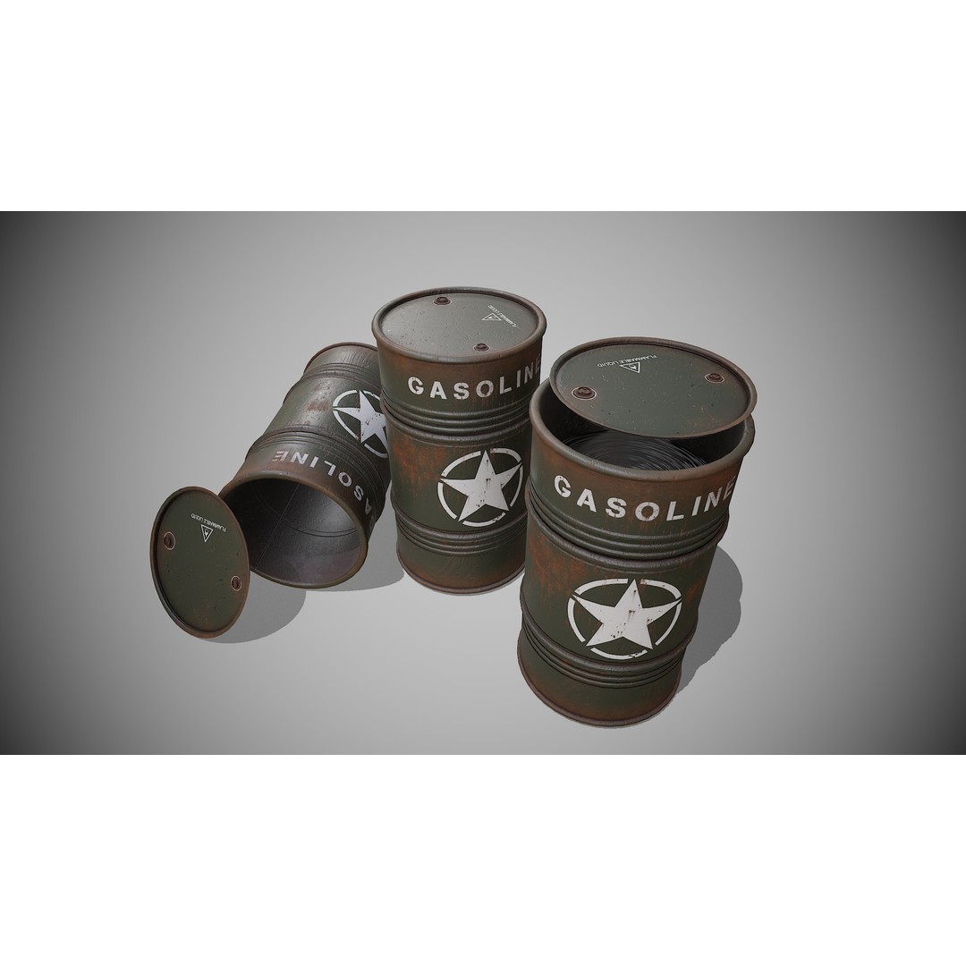 Military Barrels 3D Model – Low Poly Game Asset, FBX, PBR Textures - View 3