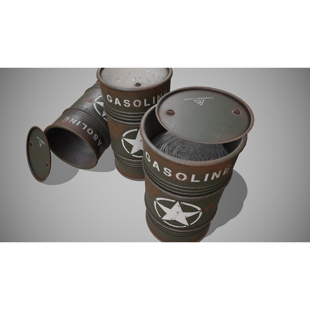 Military Barrels 3D Model – Low Poly Game Asset, FBX, PBR Textures - View 4