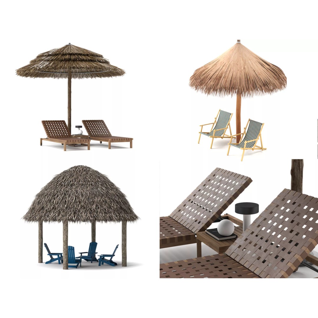 Thatch Umbrellas 3D Model – Low Poly Beach Asset Collection, FBX, OBJ - View 2