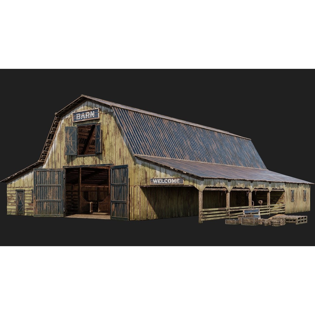 Farm Buildings 3D Model – Low Poly Game Ready PBR Asset, FBX, OBJ - View 3