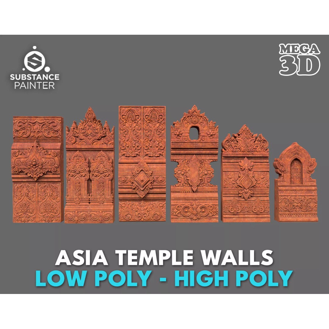 Asia Temple Walls 3D Model – Ancient Architectural Style, PBR Textures - View 2