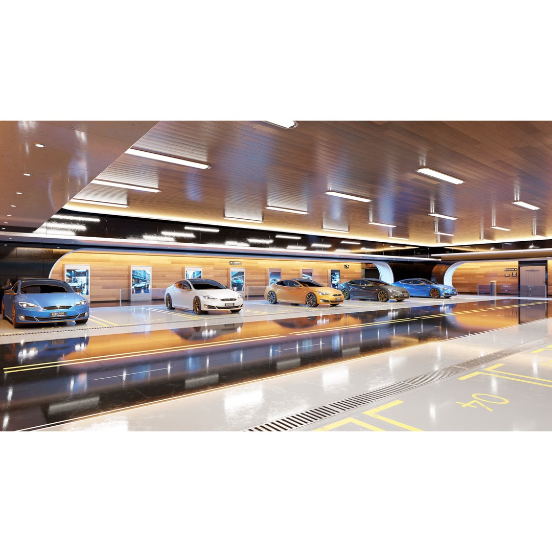 Modern Underground Luxury Car Park 3D Model – High Poly Garage Asset, Blender, FBX, OBJ - View 3