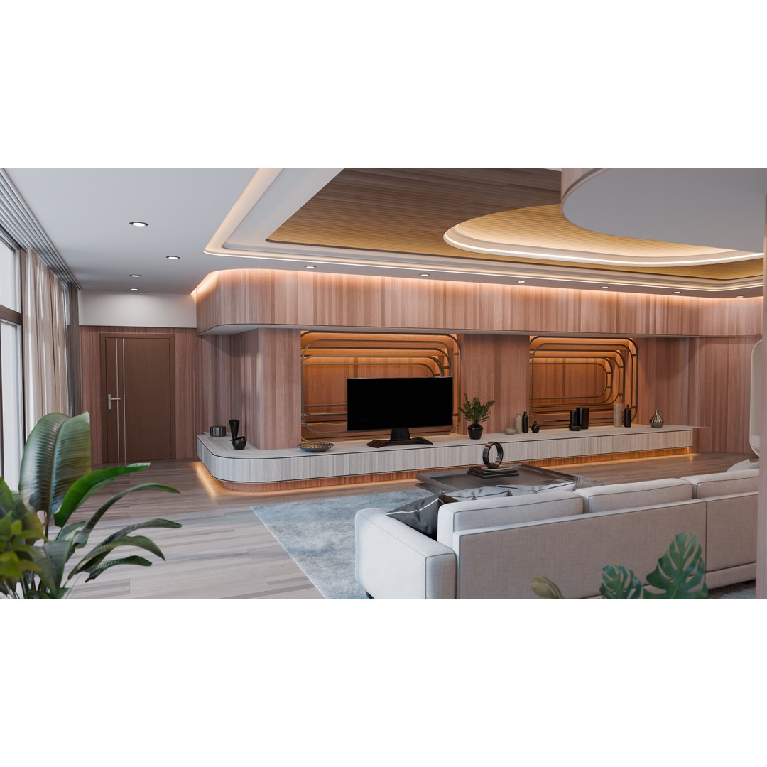 Curved Wooden Living Room 3D Model – High Poly PBR, Blender, FBX, OBJ - View 3
