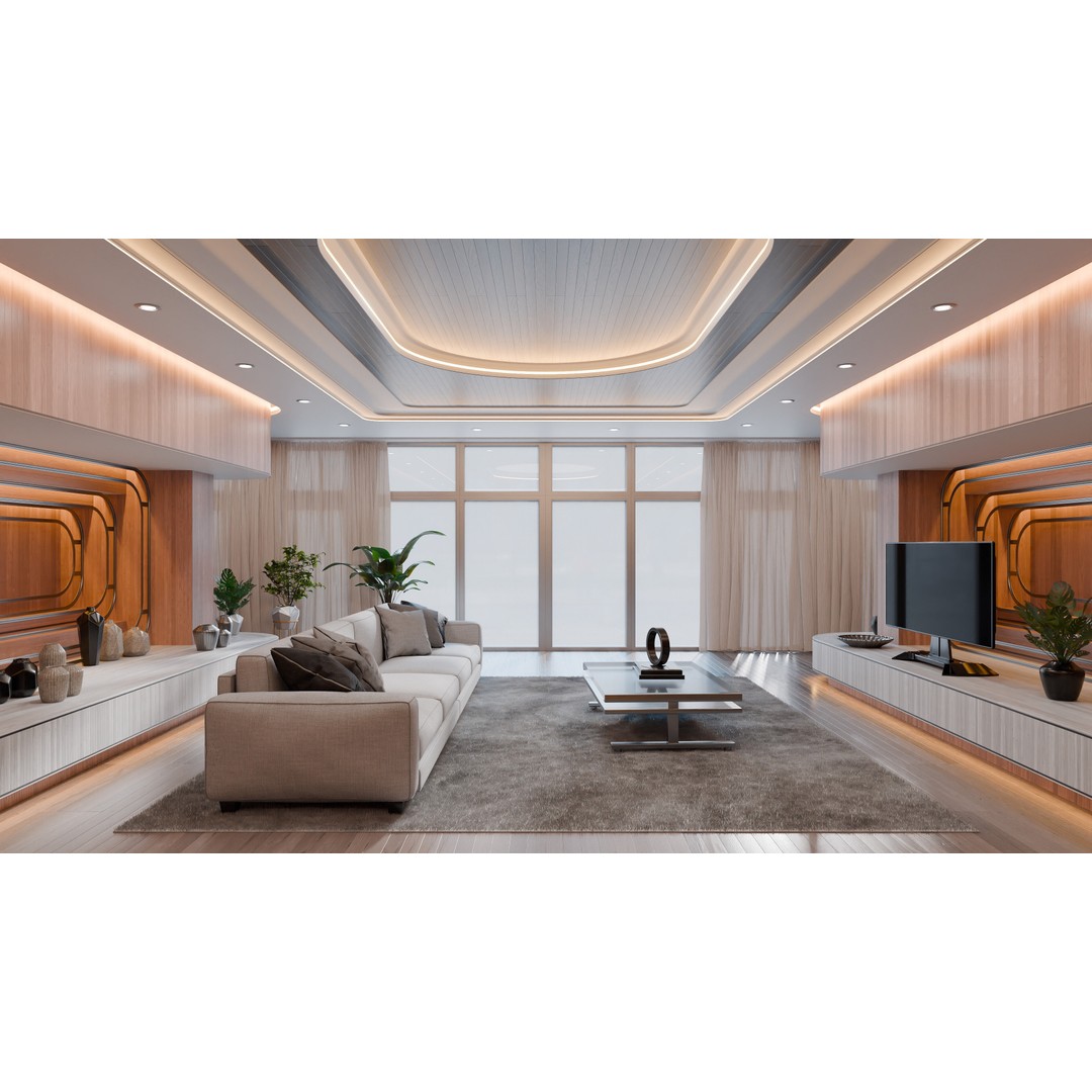 Curved Wooden Living Room 3D Model – High Poly PBR, Blender, FBX, OBJ - View 4