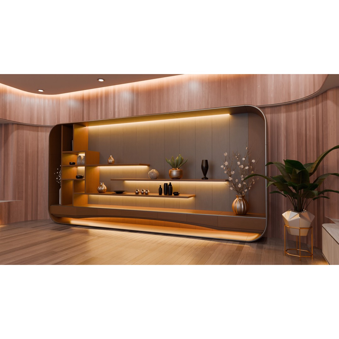 Curved Wooden Living Room 3D Model – High Poly PBR, Blender, FBX, OBJ - View 5