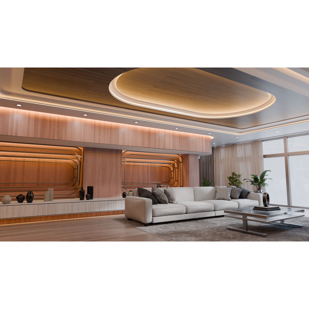 Curved Wooden Living Room 3D Model – High Poly PBR, Blender, FBX, OBJ - View 6