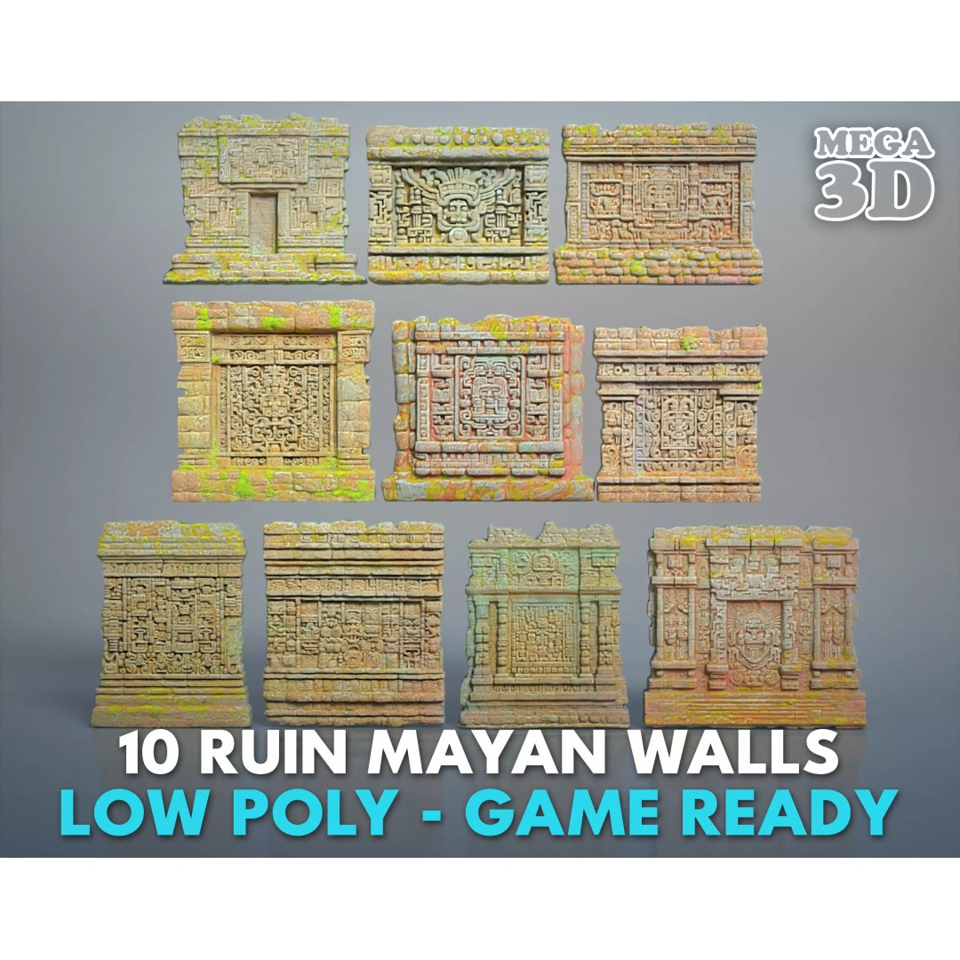 Mayan Temple Walls 3D Model – Low Poly Architectural Asset, FBX - View 2