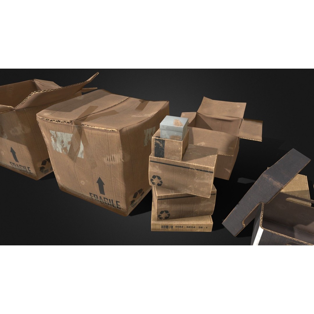 Old Cardboard Box 3D Model – Low Poly Game Ready Asset, FBX - View 3