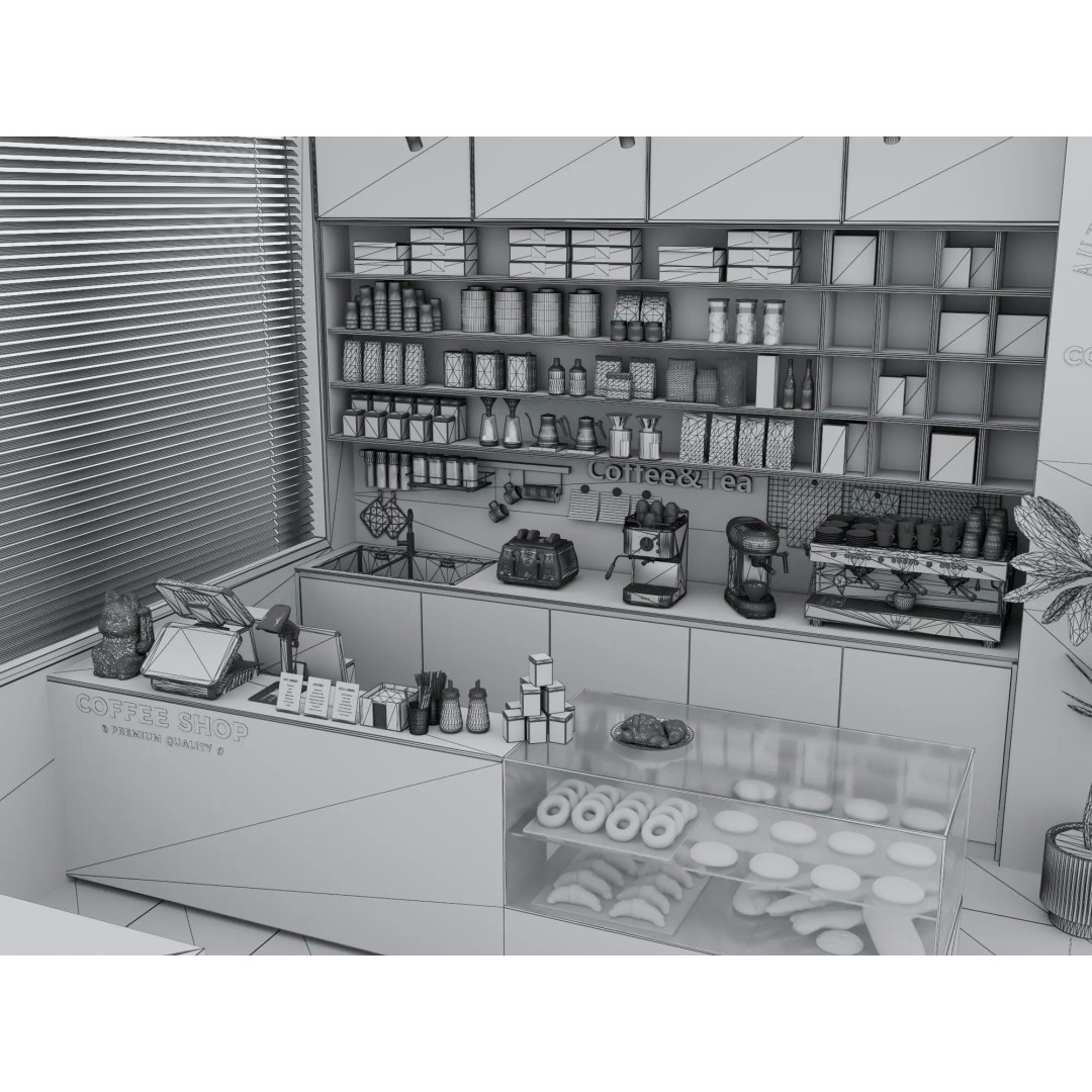 Modern Coffee Bar 3D Model – Low Poly Interior Scene, FBX