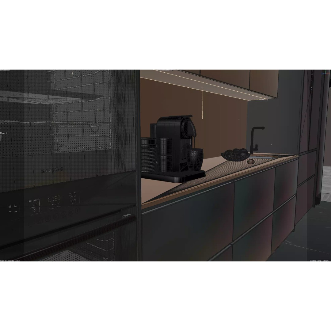 Modern Kitchen 3D Model – Minimalist Design with Black and Bronze Elements
