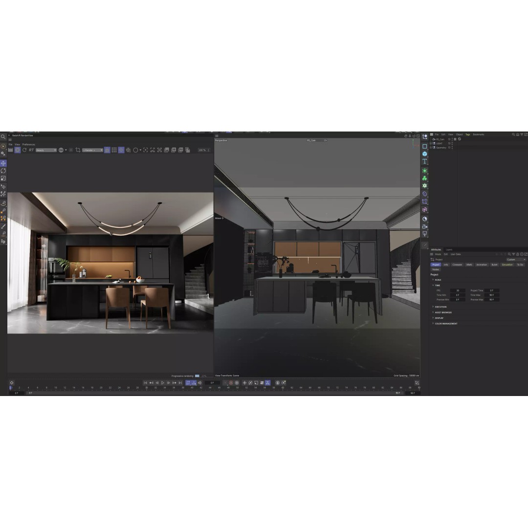 Modern Kitchen 3D Model – Minimalist Design with Black and Bronze Elements - View 3
