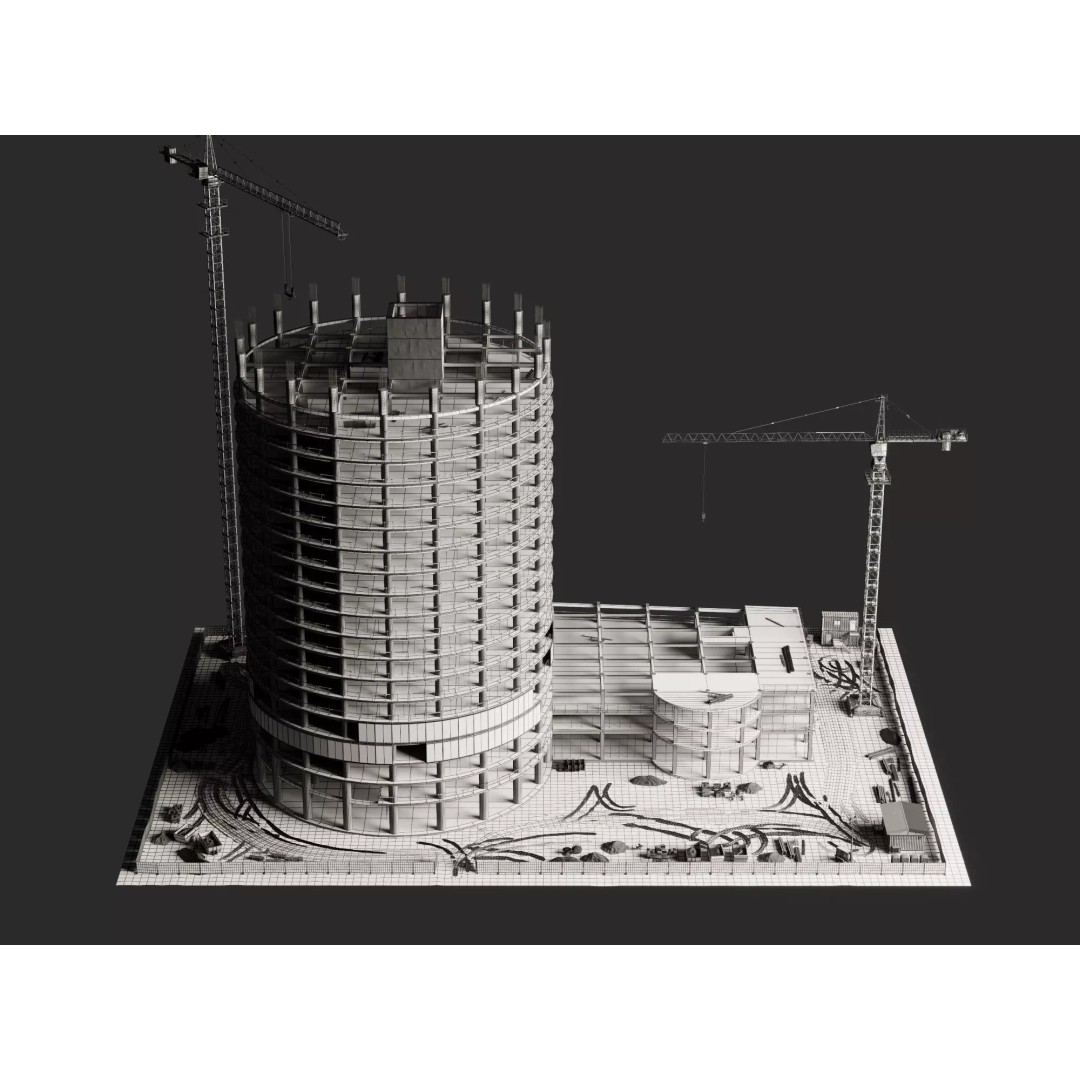 Tower Crane 3D Model – Low Poly Circular High Rise Construction Site, FBX - View 10