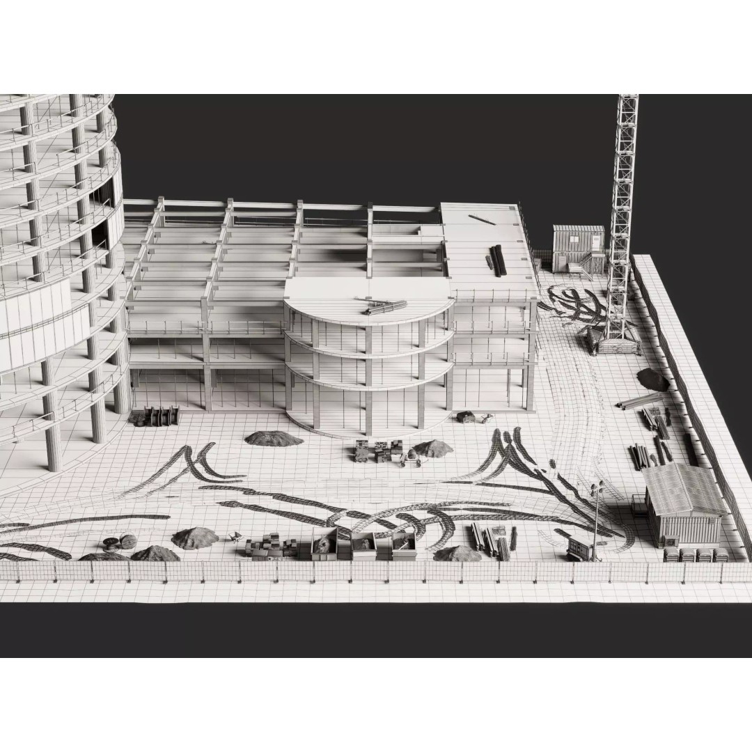 Tower Crane 3D Model – Low Poly Circular High Rise Construction Site, FBX - View 12