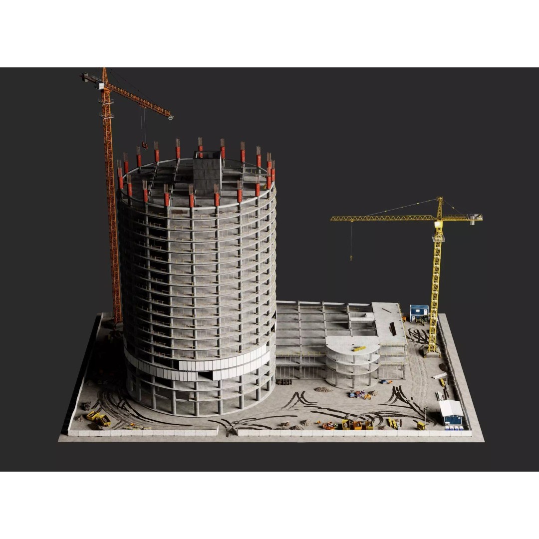Tower Crane 3D Model – Low Poly Circular High Rise Construction Site, FBX - View 2