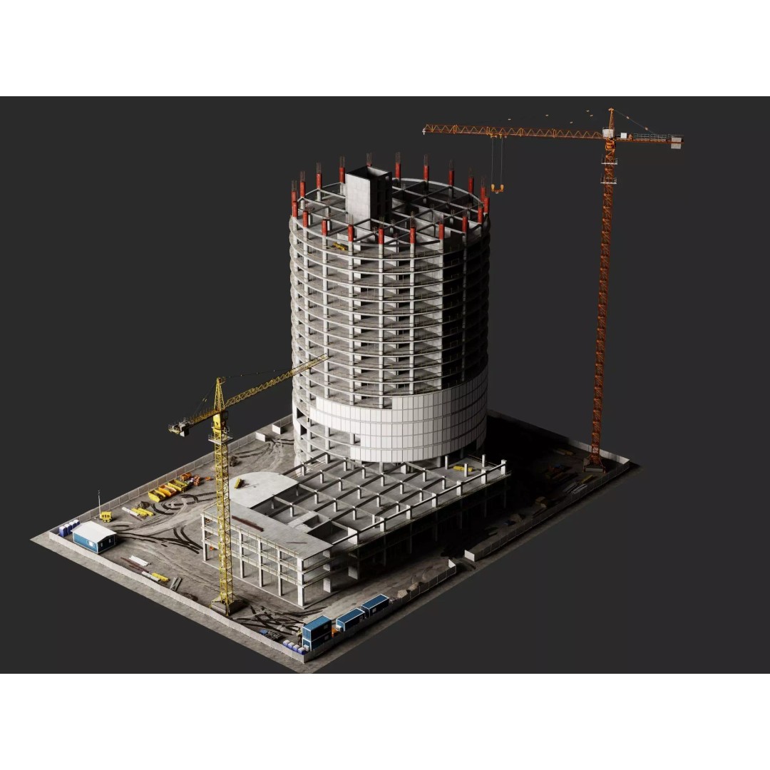 Tower Crane 3D Model – Low Poly Circular High Rise Construction Site, FBX - View 3