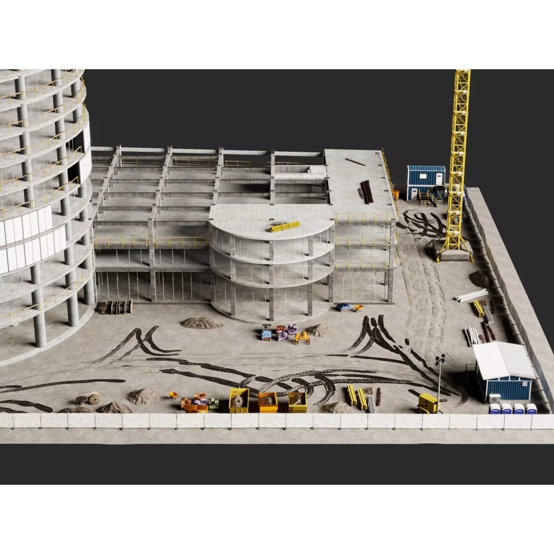 Tower Crane 3D Model – Low Poly Circular High Rise Construction Site, FBX - View 4