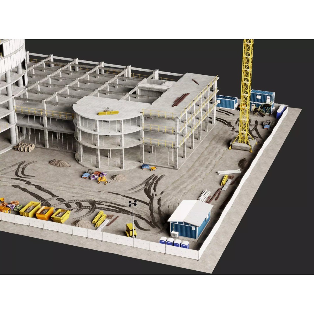 Tower Crane 3D Model – Low Poly Circular High Rise Construction Site, FBX - View 5
