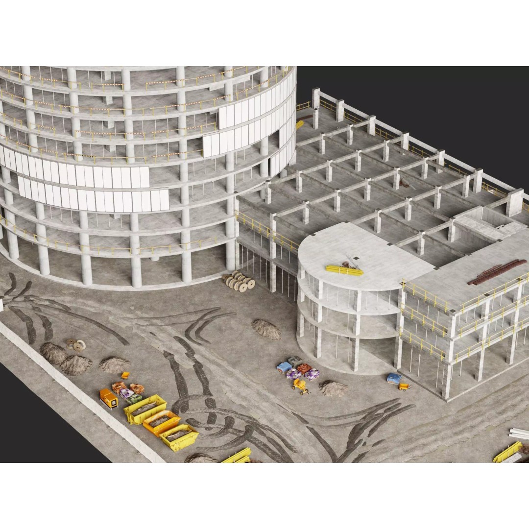 Tower Crane 3D Model – Low Poly Circular High Rise Construction Site, FBX - View 9