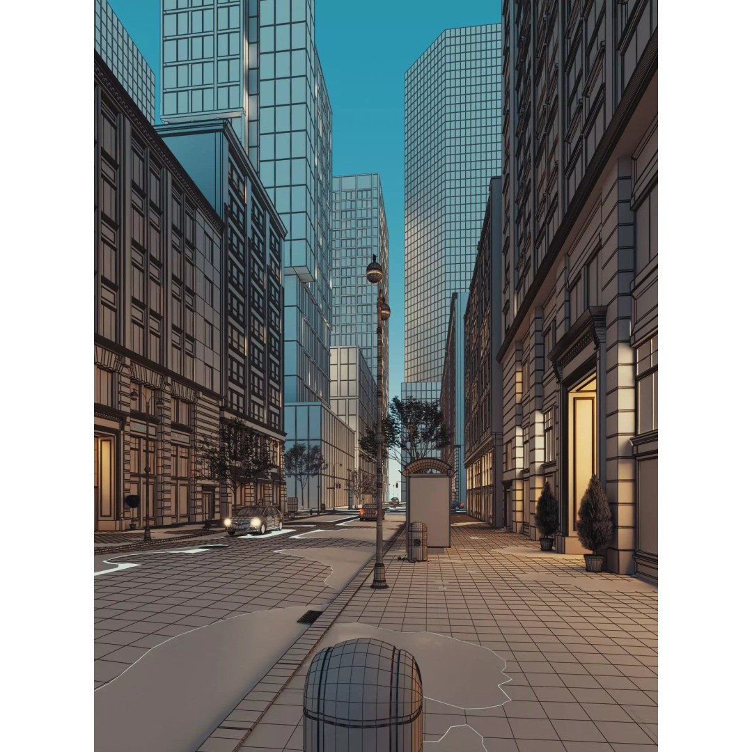 City Street Scene 3D Model – Low Poly Game Ready Urban Environment, FBX - View 9