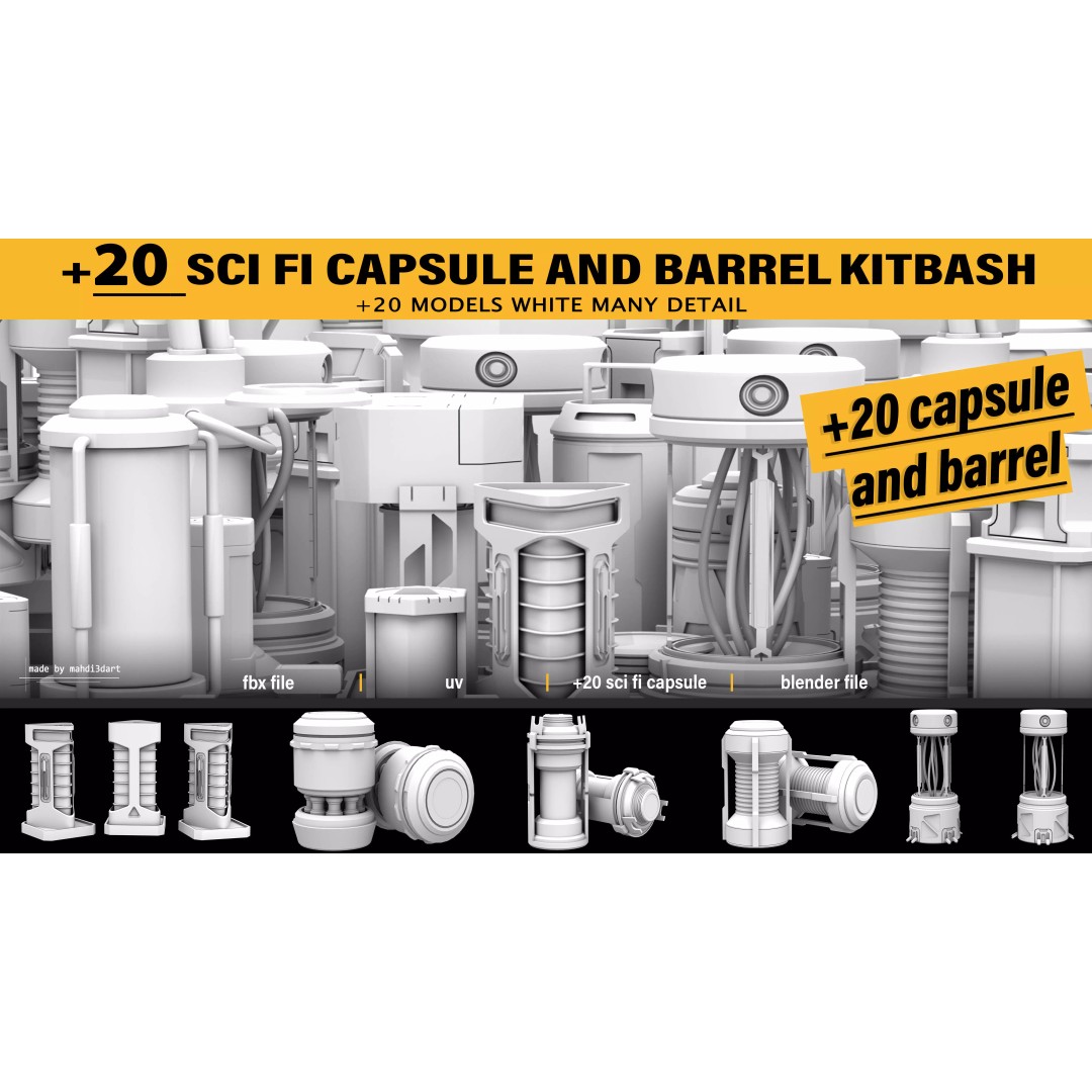 Sci-Fi Capsule and Barrel Kitbash 3D Model – Detailed PBR Assets for Blender - View 2