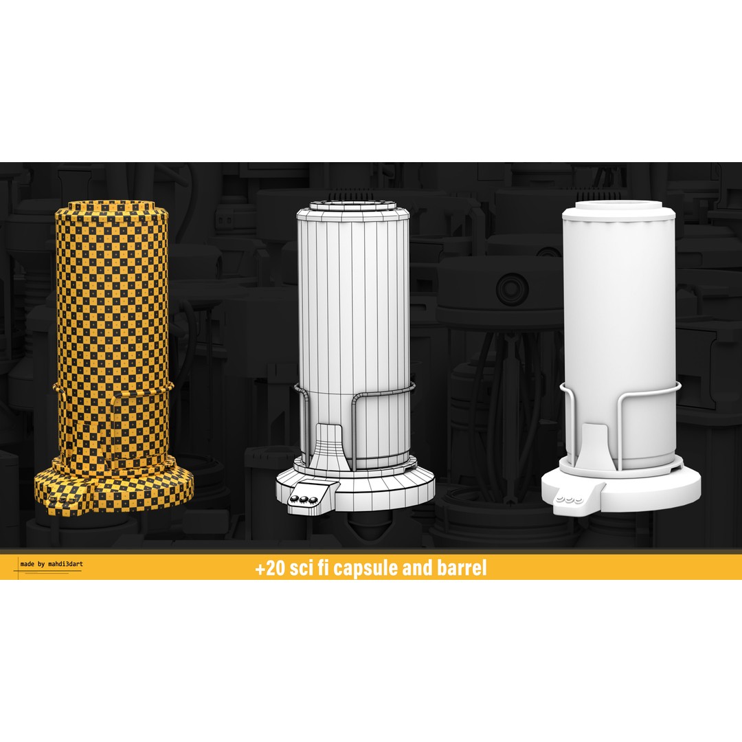 Sci-Fi Capsule and Barrel Kitbash 3D Model – Detailed PBR Assets for Blender - View 6