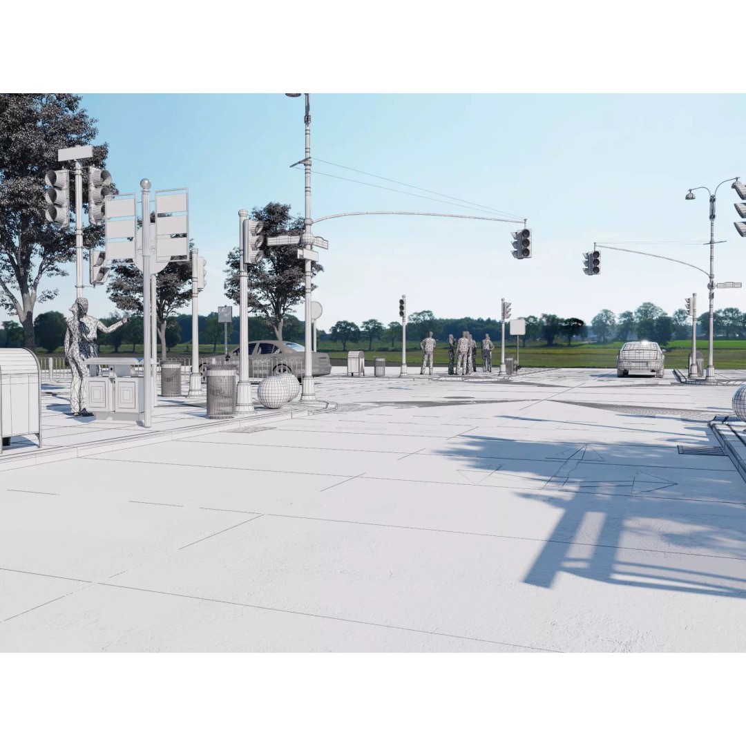 City Street Intersection 3D Model – Low Poly Urban Scene, FBX, PBR - View 13