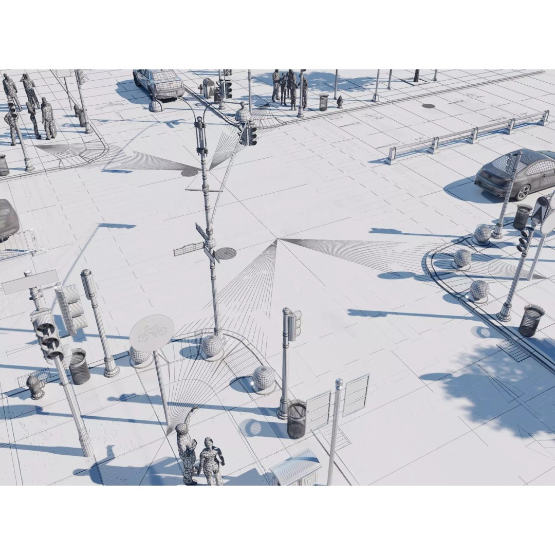 City Street Intersection 3D Model – Low Poly Urban Scene, FBX, PBR - View 14