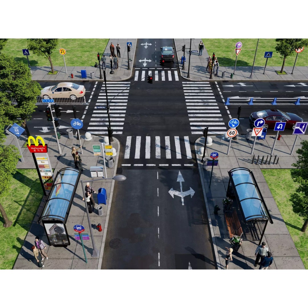 City Street Intersection 3D Model – Low Poly Urban Scene, FBX, PBR - View 2