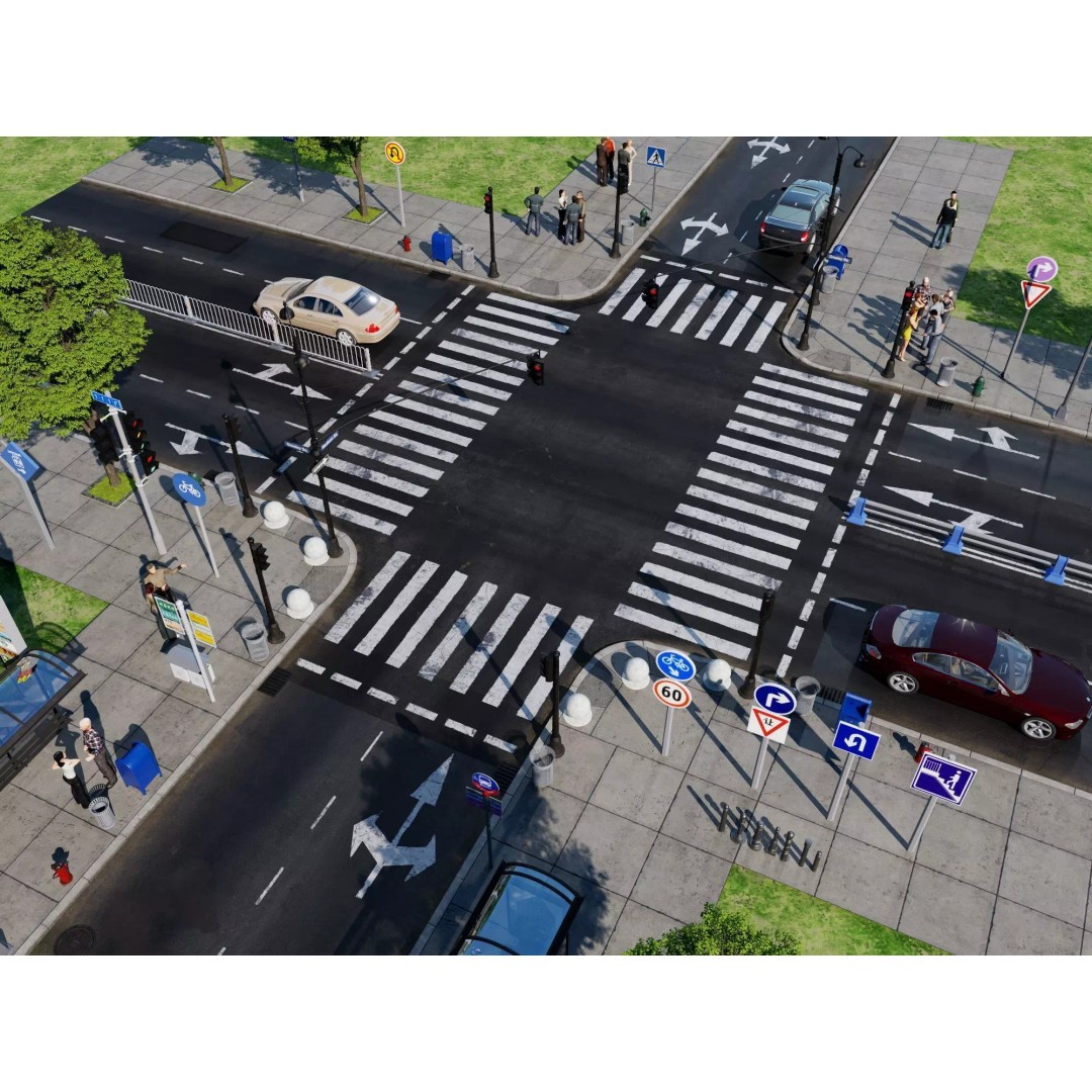 City Street Intersection 3D Model – Low Poly Urban Scene, FBX, PBR - View 3