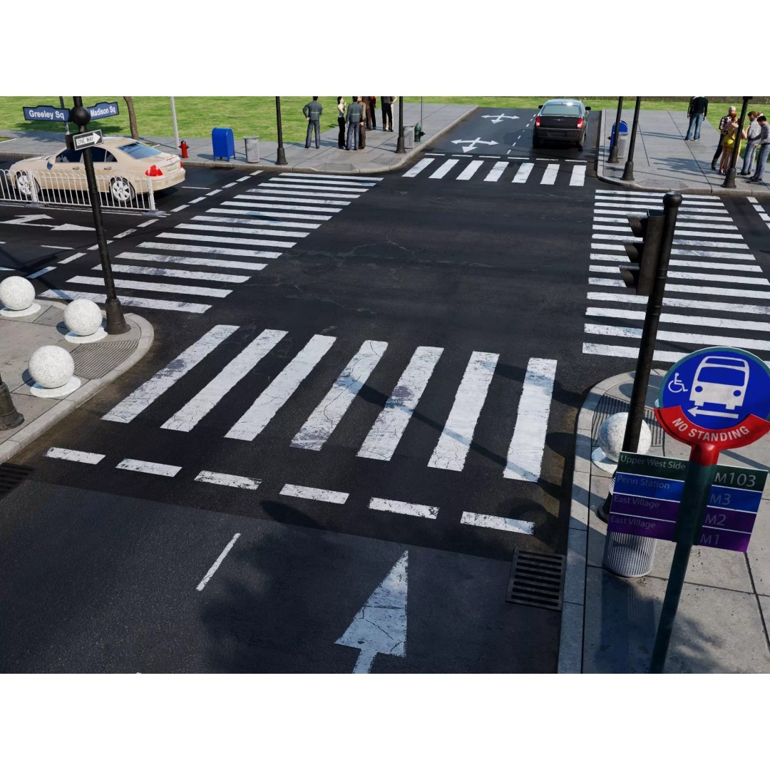 City Street Intersection 3D Model – Low Poly Urban Scene, FBX, PBR - View 4
