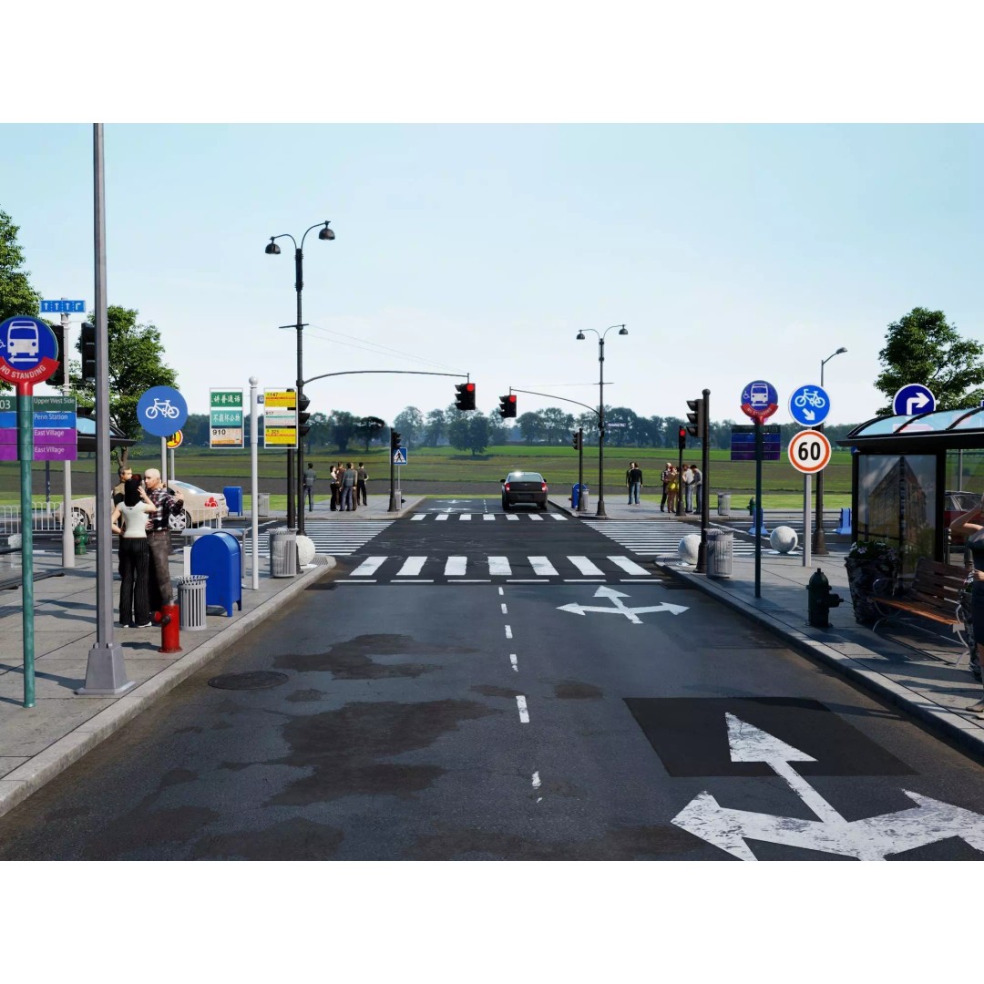 City Street Intersection 3D Model – Low Poly Urban Scene, FBX, PBR - View 5